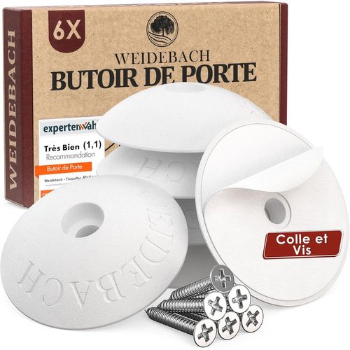 TEPPC-WEIDEBACH® Lot de 6 butées de porte comprenant 6 chevilles et 6 vis, plus fonction autocollante, butée de porte murale parfaite pour les surfaces murales irrégulières, protection murale robuste