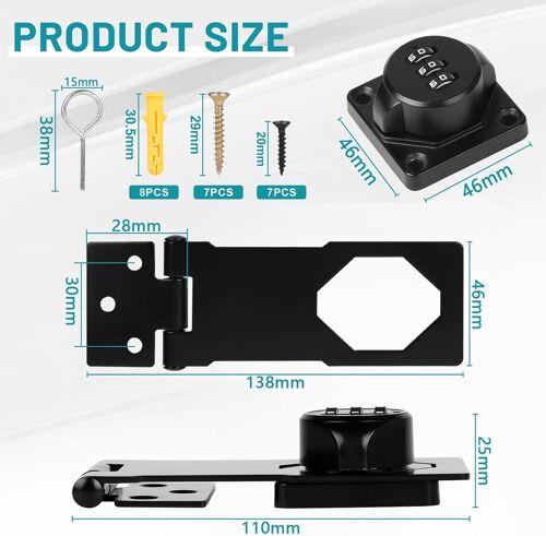 1 pièce Serrure mécanique avec moraillon de 4,5 pouces Serrure à combinaison Serrure à combinaison à 3 chiffres avec vis Verrouillage du mot de passe pour portes, tiroirs, Noir
