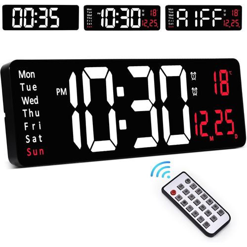 Grande Horloge Murale Numérique Avec Télécommande, 16"" Horloge Numérique Avec Réveil/Date/Température/Minuteur, Horloge Digitale, Réveil Numérique Pour La Maison/Le Bureau/La Salle De Classe-Rouge