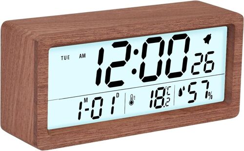 Réveil numérique en bois, horloge de chevet en bois avec grand écran de 15.2 cm, horloge de bureau avec répétition, calendrier, rétroéclairage, bureau, fonctionne à piles