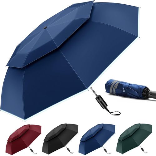 Parapluie de voyage compact coupe-vent ¿ Parapluie de ventilation avec double dôme pour la pluie, parapluie portable inversé ¿ Ouverture et fermeture automatiques avec bandes réfléchissantes