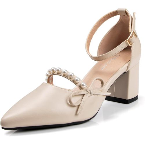 Escarpins À Bout Fermé Et Bride Cheville Avec N?ud Pour Femmes, Chaussures Habillées Confortables À Talons Bas Et Carrés, Talons Pointus Beiges À Brides Perlées Pour Femmes