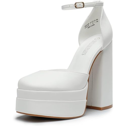 Escarpins À Talons Hauts Et Épais Pour Femme - Bout Carré - Sangle De Cheville - Pour Fête De Mariage, Blanc, 41 Eu