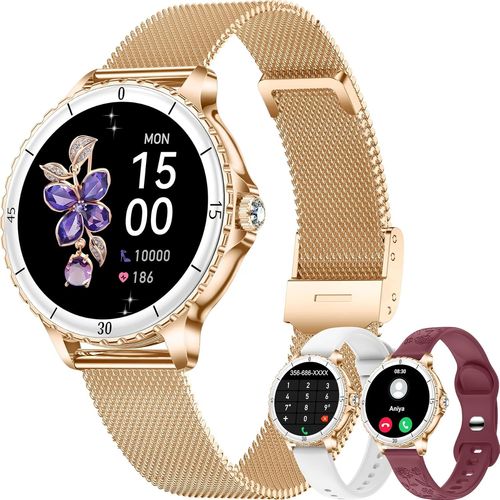 Montre Connectée Femme Ronde avec Appel Bluetooth, 1,27"" Podomètre Smartwatch Etanche IP68 avec 100+ Modes Sport, Fréquence Cardiaque, SpO2, Sommeil Moniteur, Android iOS Smart Watch, Or Rose
