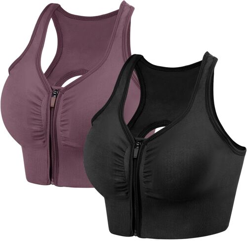Jexnovashop-2 Pièces Brassière Sport Femme Zippée Devant, Soutien Gorge De Sport Femme Sans Armature Sans Couture Push Up Sport Bra Avec Coussinets Amovibles