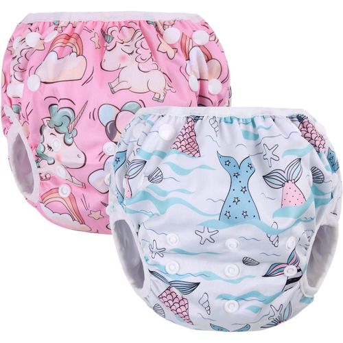 Kalanka-2pcs Couches Lavables,Couches De Bain Reutilisable,Lavable Et Ajustable Anti-Fuite Imperméable Étanche Pour Bébé Fille Et Garçon (Rose+Bleu)