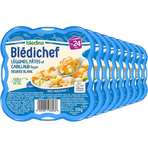 Kalanka-- Blédichef - Repas Bébé 24 Mois - 9 Platslégumes Pâtes Cabillaud - Petits Morceaux - Faible Teneur En Sel - Dès 24 Mois - 9 Assiettes 250g