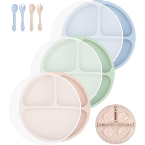 Kalanka-Assiette Ventouse Pour Bébé,Lot De 3 Assiettes À Ventouse En Silicone Avec Compartiments Et Couvercle, Ensemble D'alimentation Pour Les Tout-Petits Et L'auto-Alimentation