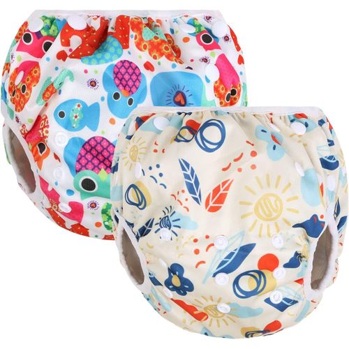 Kalanka-Couche De Bain Lavable,2pcs Couches De Bain Reutilisable,Lavable Et Ajustable Anti-Fuite Imperméable Étanche Pour Bébé Fille Et Garçon