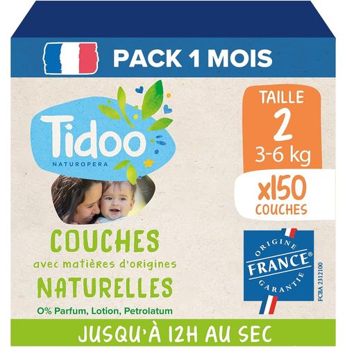 Kalanka-Tidoo - Couches Écologique Taille 2 (3-6kg) - Origine Naturelle, Sans Substances Nocives - 12h Au Sec, Ultra Absorbantes - Fabriquées En France - 150 Couches Jetables - Pack 1 Mois