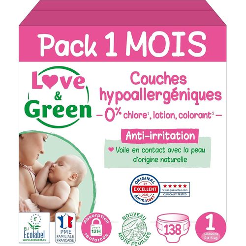Kalanka-- Couches Bébé Saines Et Ecologiques - Taille 1 (2-5 Kg) - Pack 1 Mois (138 Couches) - Absorbante, Anti-Fuites Et Sans Ingrédients Indésirables