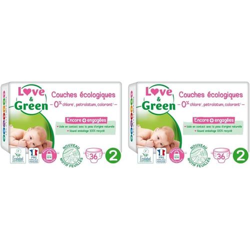 Kalanka-- Couches Bébé Saines Et Ecologiques - Taille 2 (3-6 Kg) - 36 Couches - Absorbante, Anti-Fuites Et Sans Ingrédients Indésirables (Lot De 2)