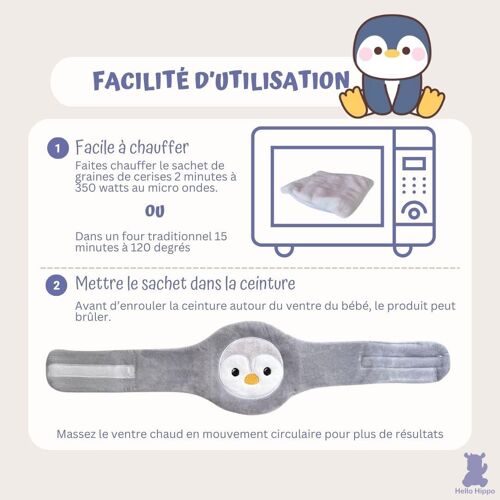 - Bouillotte Noyaux de Cerise Bébé - Ceinture Chauffante Sèche Anti-Colique pour Nourrisson, Micro-Ondes ou Four, Hypoallergénique et Lavable (Pingouin)