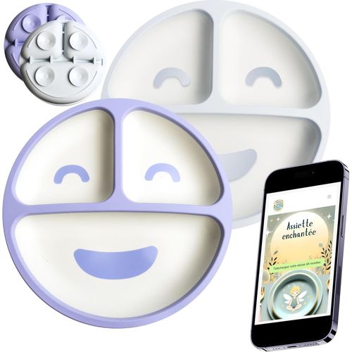 Kalanka-\U2013 Assiettes Bébé Silicone À Ventouse Ultra-Fix (4 Ventouses) | Lot De 2, 3 Compartiments \U2014 Passe Micro-Ondes, Four 220 °C, Congélateur -40 °C (Bleu Clair Et Bleu Foncé)