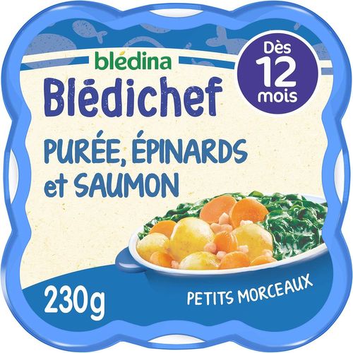 Kalanka-- Blédichef - Repas Bébé 12 Mois - 9 Plats Purée Epinards Saumon - Petits Morceaux - 100% Ingrédients D'origine Naturelle - Dès 12 Mois - 9 Assiettes De 230g