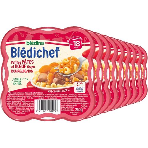 Kalanka-- Blédichef - Repas Bébé 18 Mois - 9 Plats Pâtes B?uf Bourguignon - Petits Morceaux - Faible Teneur En Sel - Dès 18 Mois - 9 Assiettes 250g