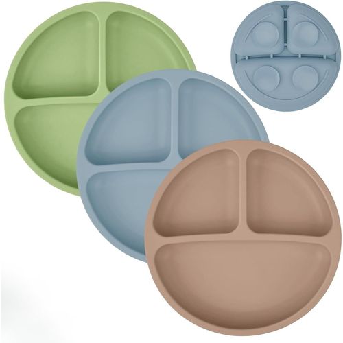 Lot De 3 Assiettes À Ventouse Pour Bébé En Silicone Pour Nourriture, Plateau De Chaise Haute, Incassables, Portables, Antidérapantes (Café + Chair + Rose)