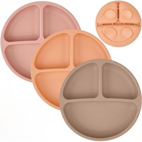 Lot De 3 Assiettes À Ventouse Pour Bébé En Silicone Pour Nourriture, Plateau De Chaise Haute, Incassables, Portables, Antidérapantes (Café + Chair + Rose)