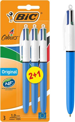 Kalanka-4 Couleurs Original - Stylos-Bille Rétractables Pointe Moyenne (1,0 Mm) - Certifié Nf Environnement - Pack De 2+1