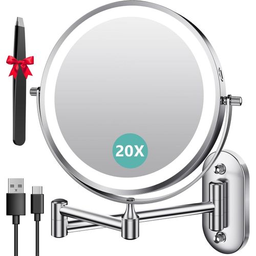 Kalanka-8 Pouces Miroir Grossissant Lumineux Mural X20, Miroir Grossissant Mural Avec 3 Modes De Couleur, 1x/20x Grossissement Charge Usb, Écran Tactile, 360° Pivotant Et Extensible Pour Salles De Ba 