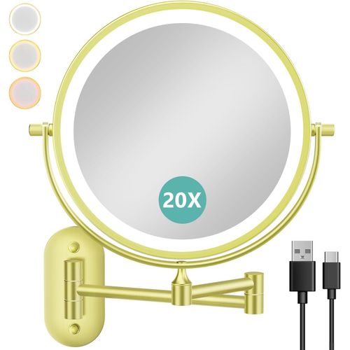 Kalanka-Miroir Grossissant Lumineux Mural X20, Led Miroir Maquillage Mural Avec 3 Modes De Couleur, 1x/20x Grossissement Charge Usb, Écran Tactile, 360° Pivotant Et Extensible Pour Salles De Bain 