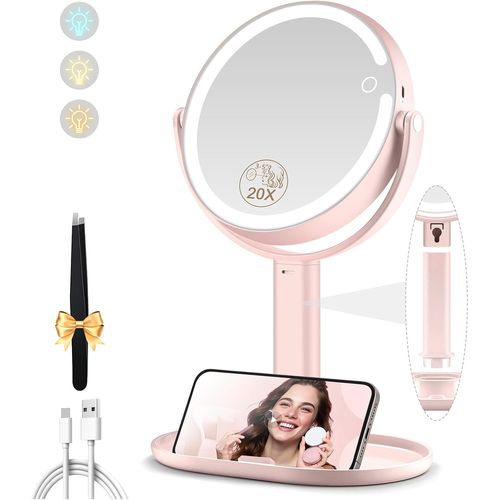 Trahoo-Miroir Cosmétique Avec Éclairage, Miroir Grossissant 20x, Réglable En Hauteur Des Deux Côtés, Miroir Cosmétique 3 Couleurs Pour Maquillage De Table, Rose 