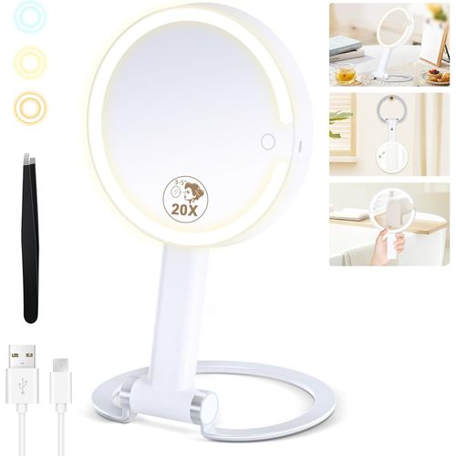 Kalanka-Miroir Grossissant Avec Lumière 20x/1x, Miroir De Maquillage Éclairé Avec Grossissement, Miroirs De Maquillage Debout Double Face, Rechargeable 3 Couleurs Avec Gradation 