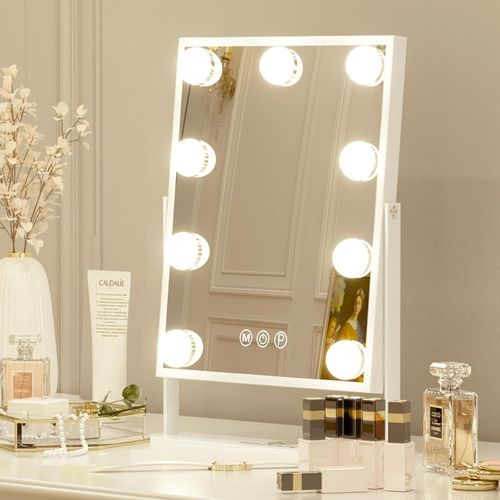 Kalanka-Miroir Maquillage Miroir Maquillage Lumineux Led Maquillage Hollywood 9 Ampoules 3 Modes De Couleur Miroir Cosmétique Rotatif 10x Miroir Grossissant Blanc 25x30 Cm 