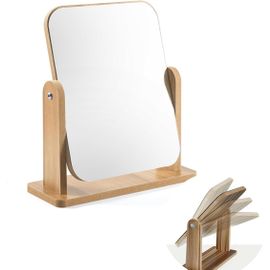 KAL-Miroir Sur Pied De Maquillage, Petit Miroir, Rotatif À 360 Degrés Miroir De Bureau En Bois Transparent Haut Avec Support Miroir Pour Coiffeuse, Bureau, Salle De Bain, Chambre À Coucher (22 X 17Cm