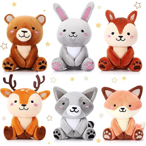KALANKA-6 Pcs Mini Jouets Animaux en Peluche de Forêt en Vrac 10 cm Porte-Clés en Peluche Mignon Ours Lapin Écureuil Raton Laveur pour Cadeau Anniversaire Baby Shower Centre de Table (Forêt)