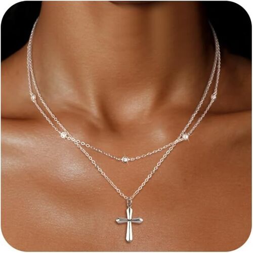 Double Colliers Femme Croix Argent, Collier Pendentif, Chaîne Choker Perles, Ensemble Multirang Collier Superposés Réglables, Acier Chirurgical, Bohème, Cadeau D'anniversaire Pour Femme