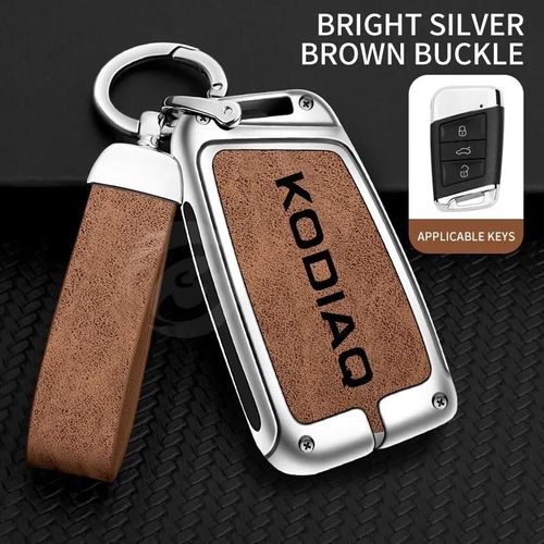 Étui Pour Clé Télécommande De Voiture En Alliage De Zinc, Coque De Support Pour Skoda Kodiaq, Protection, Boucle De Porte-Clés, Accessoires Sans Clé--Argent Marron Set