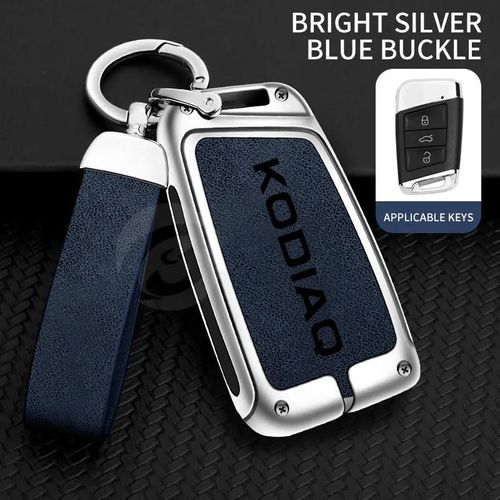 Étui Pour Clé Télécommande De Voiture En Alliage De Zinc, Coque De Support Pour Skoda Kodiaq, Protection, Boucle De Porte-Clés, Accessoires Sans Clé--Argent Bleu Set