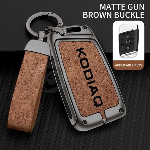 Étui Pour Clé Télécommande De Voiture En Alliage De Zinc, Coque De Support Pour Skoda Kodiaq, Protection, Boucle De Porte-Clés, Accessoires Sans Clé--Gris Marron Set
