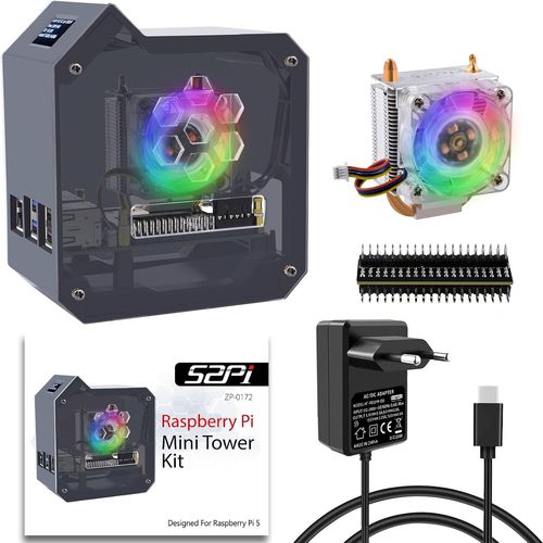 Mini Tower Kit mit PD 27W Netzteil für Raspberry Pi 5,Raspberry Pi 5 Gehäuse mit Ice Tower Cooler Active Kühler,5.1V 5A USB C Netzteil,0.96"" OLED Modul für Raspberry Pi 5 1GB/2GB/4GB/8GB