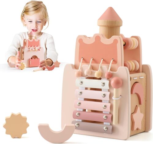 JGD-Château Rose Montessori - Jouet Bois Éducatif, Cube d'Activité Sensorielle, Boucle Motrice - Cadeau Bébé Fille 3+
