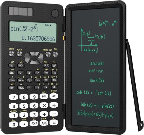Calculatrices scientifiques pour étudiants 991ES Calculatrices de bureau 4 lignes avec tablette d'écriture LCD effaçable, alimentation par batterie solaire avec bloc-notes calculatrice pour
