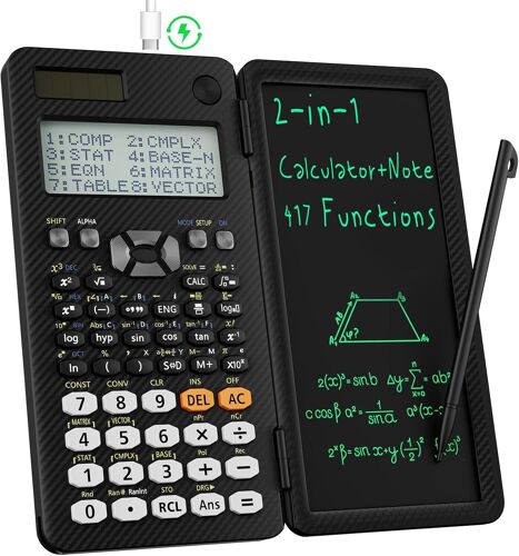 Calculatrices scientifiques pour étudiants 991ES Calculatrices de bureau 4 lignes avec tablette d'écriture LCD effaçable, alimentation par batterie solaire avec bloc-notes calculatrice pour