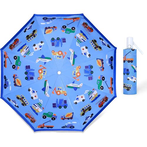 Tianyi-Parapluie Pliant Enfant Anti-Uv, Parapluie Compact Léger Automatique Anti-Rebond Avec Bande Réfléchissante, Mini Parapluie De Voyage Pour Bebe, Filles, Garçons, Véhicules De Voyage Bleus