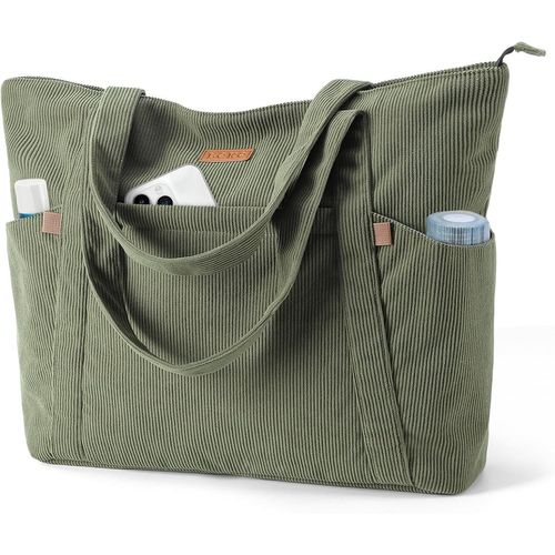 KALANKA-Lekesping Sac Fourre-Tout Femme Grand en Velours Côtelé, Bandouliere Cabas avec Fermeture Éclair et Poches, Léger Sac a Main Ordinateur 17 Pouces pour Voyage Shopping Université et Usage Quot