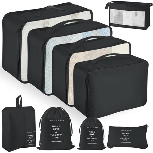 KALANKA-Organisateur Valise, Lot de 9 Rangement Valise, Imperméables Packing Cubes Résistant à la Déchirure, Pochette Voyage pour Vêtements Sous-vêtements Chaussures Cosmétiques, Noir