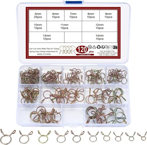 120 Pcs Clip à Ressort Tuyau Serre-Joints, Collier de Serrage pour Fixer Tuyaux Souples Durites Collier Durite Essence - 5/6/7/8/9/10/11/12/13/14mm