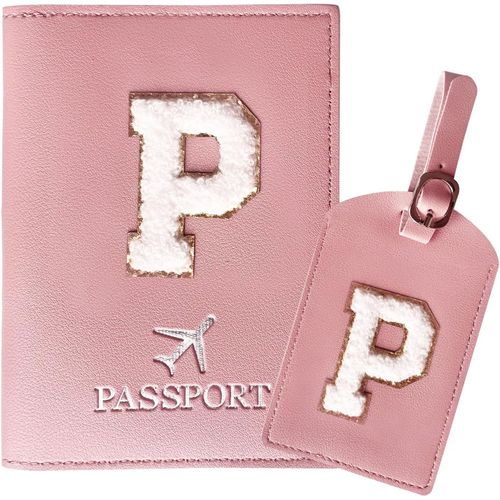 TIANYI-Protege Passeport Rose et Etiquette Valise CostumePochette Passeport avec Lettre, Cuir PU, Cadeaux Femme Voyage Accessoires, Très Mignons, Adaptés aux Femmes, Adolescentes, Filles (Lettre-P)