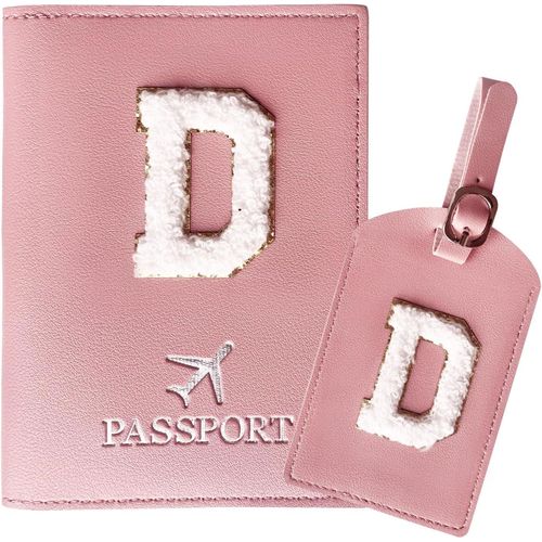 TIANYI-Protege Passeport Rose et Etiquette Valise CostumePochette Passeport avec Lettre, Cuir PU, Cadeaux Femme Voyage Accessoires, Très Mignons, Adaptés aux Femmes, Adolescentes, Filles (Lettre-D)