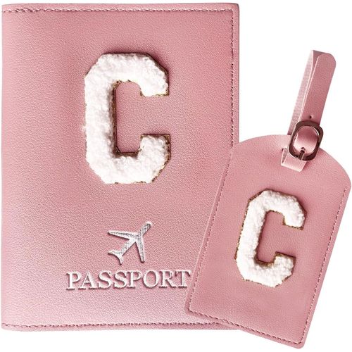 TIANYI-Protege Passeport Rose et Etiquette Valise CostumePochette Passeport avec Lettre, Cuir PU, Cadeaux Femme Voyage Accessoires, Très Mignons, Adaptés aux Femmes, Adolescentes, Filles (Lettre-C)