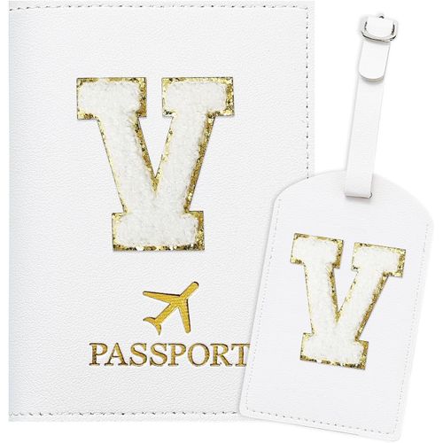 TIANYI-ZVRSUA Protege Passeport Blanc et Etiquette Valise CostumePochette Passeport avec Lettre, Cuir PU, Cadeaux Femme Voyage Accessoires, Très Mignons, Adaptés aux Femmes, Adolescentes, Filles¿V)