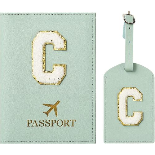 TIANYI-Protege Passeport Vert et Etiquette Valise CostumePochette Passeport avec Lettre, Cuir PU, Cadeaux Femme Voyage Accessoires, Très Mignons, Adaptés aux FemmesMâle, Adolescent, Filles (Vert C)