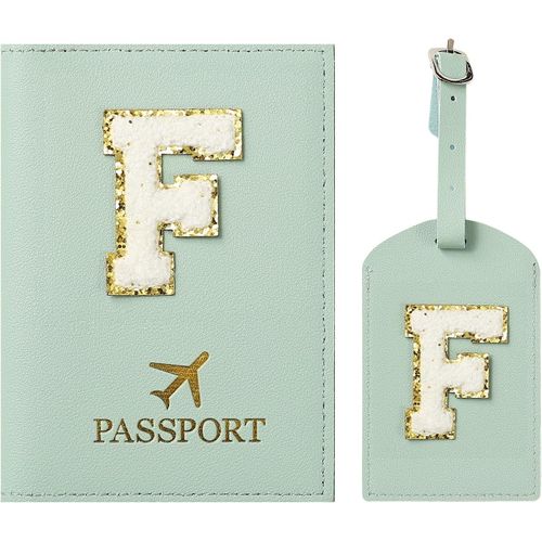 TIANYI-Protege Passeport Vert et Etiquette Valise CostumePochette Passeport avec Lettre, Cuir PU, Cadeaux Femme Voyage Accessoires, Très Mignons, Adaptés aux FemmesMâle, Adolescent, Filles (Vert F)