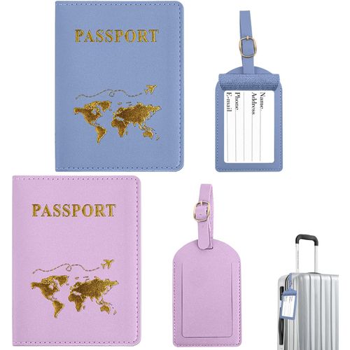 TIANYI-Porte-Passeport Housse,2Pcs Couvertures de Passeport et 2Pcs Étiquette Valise,Porte-Passeport,PU Cuir Protege Passeport,Etui Passeport pour Passeport,Carte de Crédit ((Bleu,Violet))