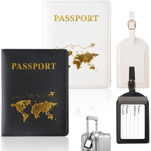 TIANYI-Porte-Passeport Housse,2Pcs Couvertures de Passeport et 2Pcs Étiquette Valise,Porte-Passeport,PU Cuir Protege Passeport,Etui Passeport pour Passeport,Carte de Crédit ((Noir,Blanc))